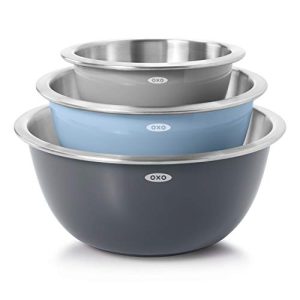 Rorence Mixing Bowls Set: Stainless Steel Non-Slip Bowls with Pour Spout,  Handle and Lid - Set of 3 - Blue